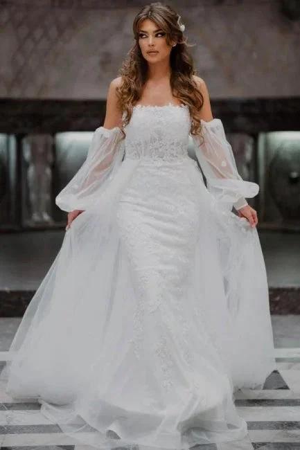 A-Line Tulle Strapless Mermaid Floor-Length Wedding Dresses with Lace (ZD15735) - VelvetHem