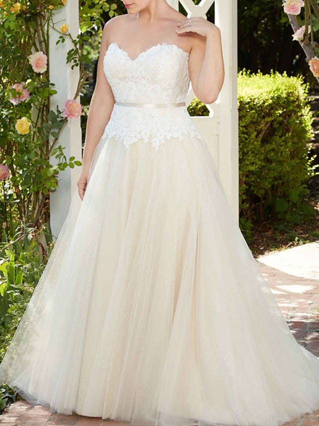 A-Line Wedding Dress Sweetheart Tulle Sleeveless Country Bridal Gowns in Color Court Train