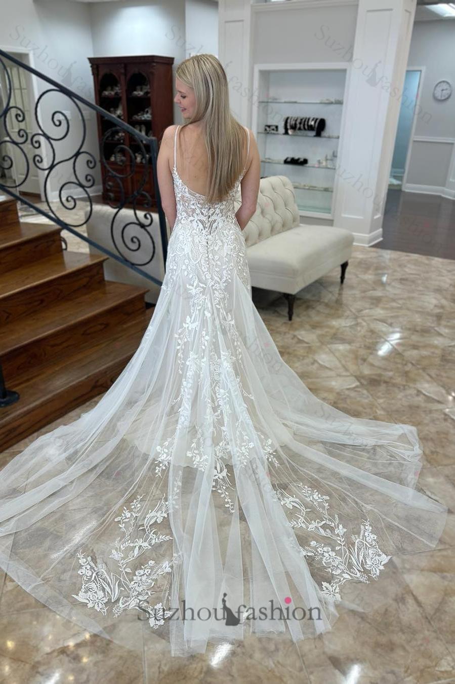A Line Wedding Dress V Neck Sleeveless Appliques Lace Train Bridal Gown