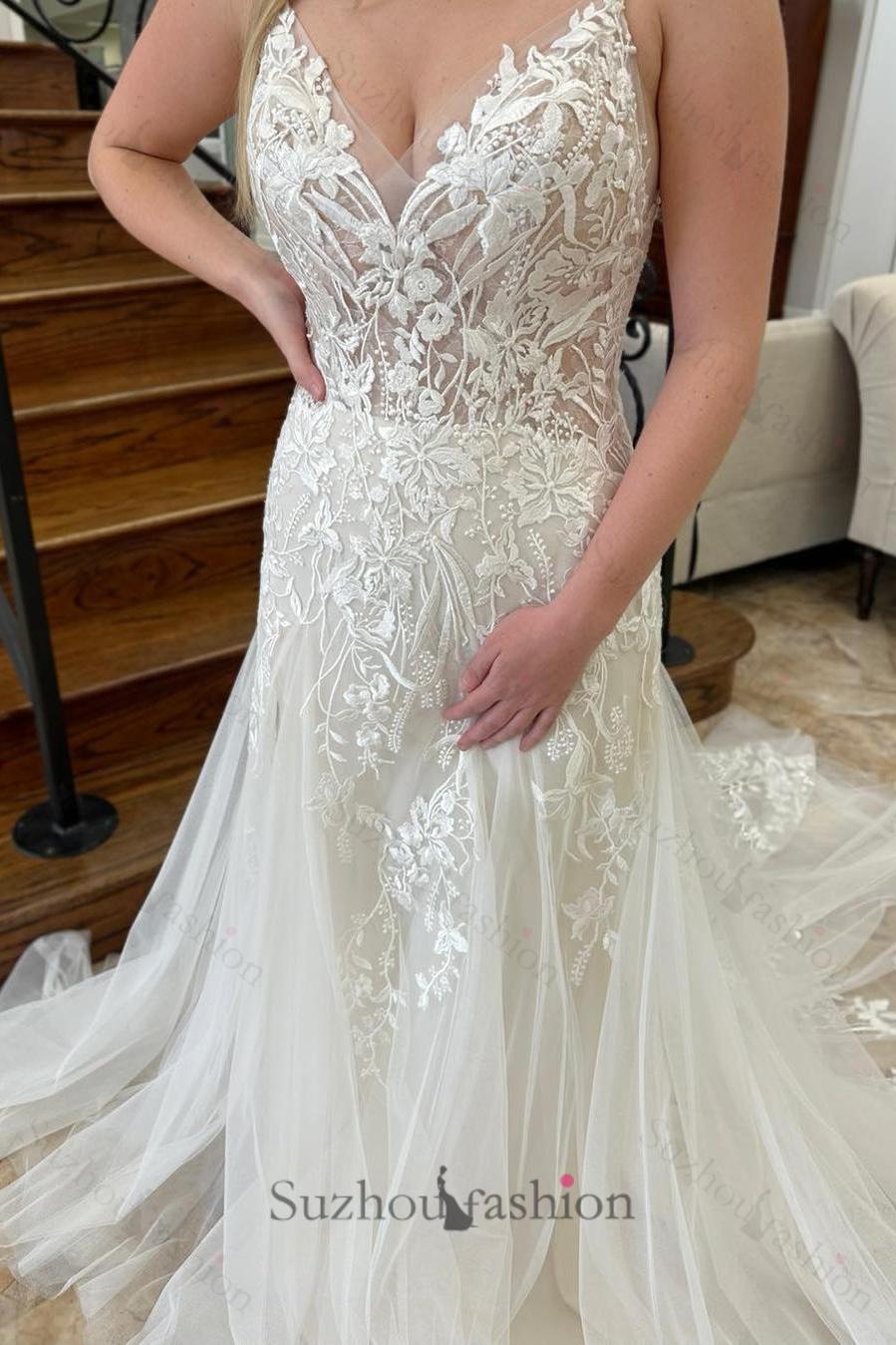 A Line Wedding Dress V Neck Sleeveless Appliques Lace Train Bridal Gown