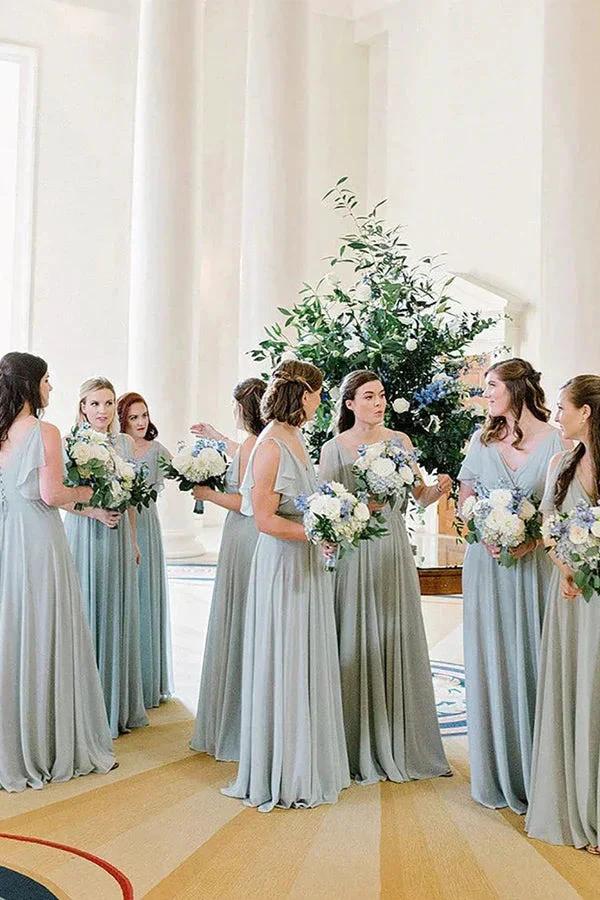 A-Line Floor Length Light Blue Long Bridesmaid Dress With Ruffles BD116 by pgmdress