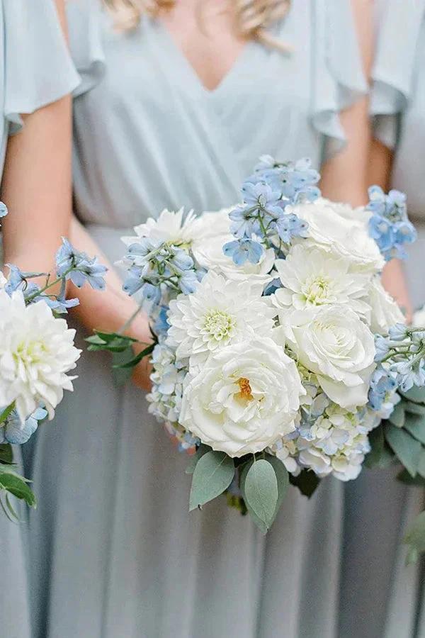 A-Line Floor Length Light Blue Long Bridesmaid Dress With Ruffles (ZD12826)