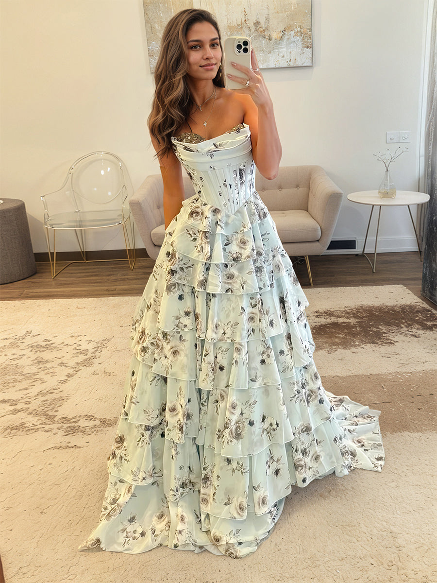 A-Line Floral Sweetheart Rhinestone Long Prom Dress - FashionDia