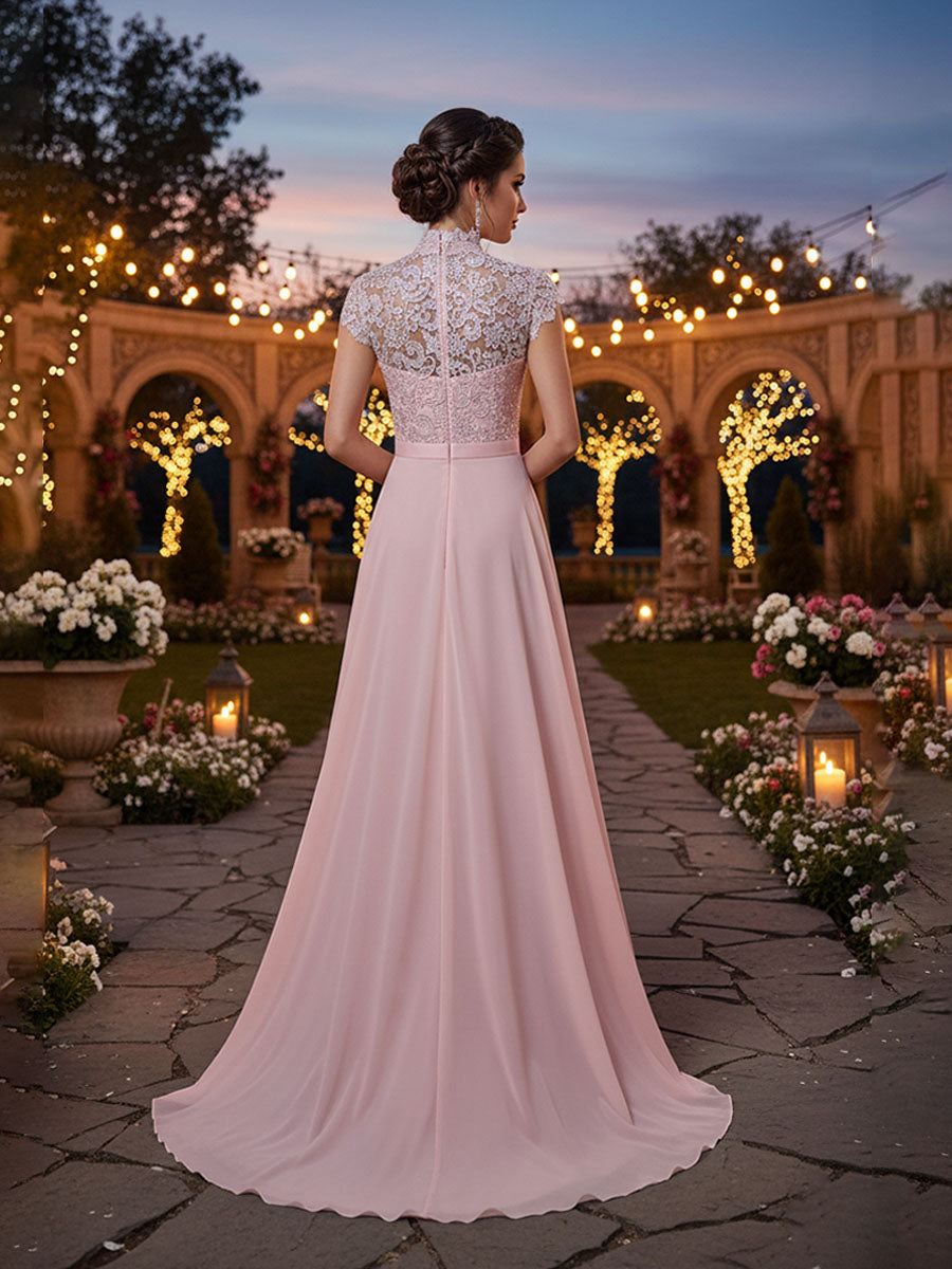 A-Line High Neck Floor-Length Lace Chiffon Formal Bridesmaid Dress