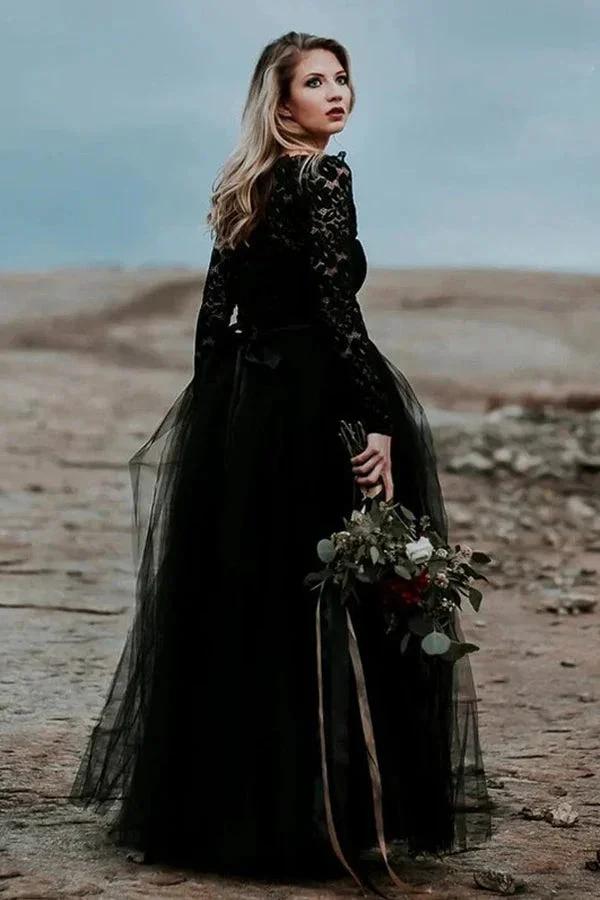 A-Line Lace Appliqued Black Wedding Dress Boho Bridal Gown (ZD16081)