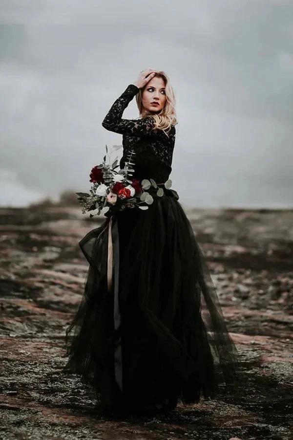 A-Line Lace Appliqued Black Wedding Dress Boho Bridal Gown (ZD16081)
