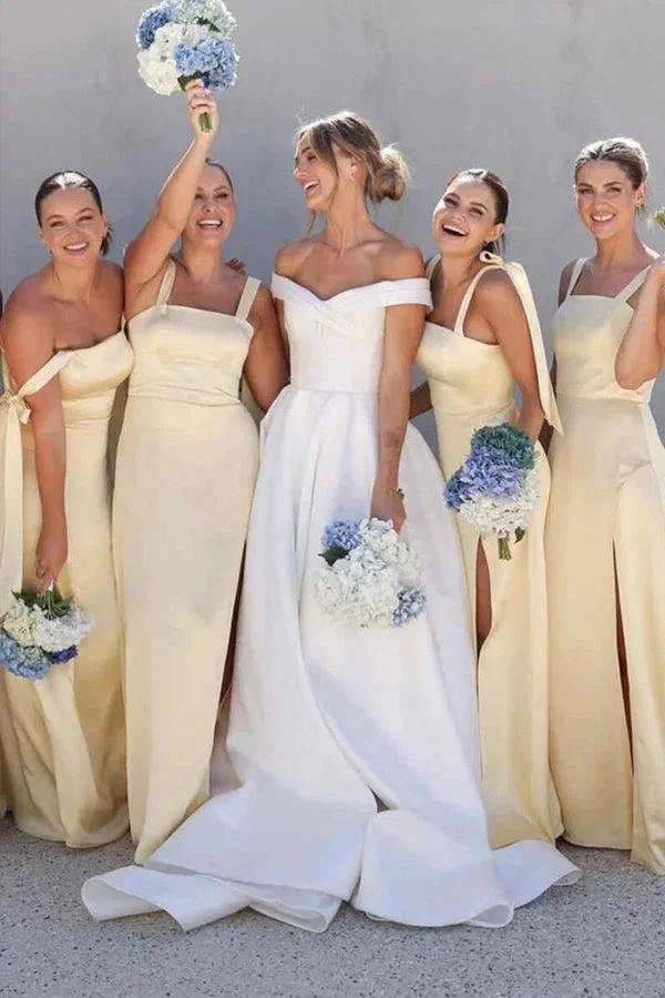 A-Line Light Yellow Scoop Neck Bridesmaid Dress with Slit BD124 by pgmdress
