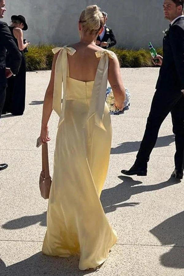 A-Line Light Yellow Scoop Neck Bridesmaid Dress with Slit (ZD12834)