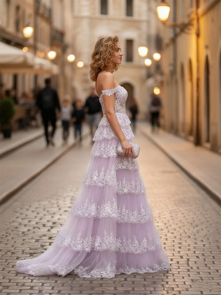 A-Line Off-the-Shoulder Appliques LaceTulle Corset Prom Dress with Slit - View 3 | FashionDia