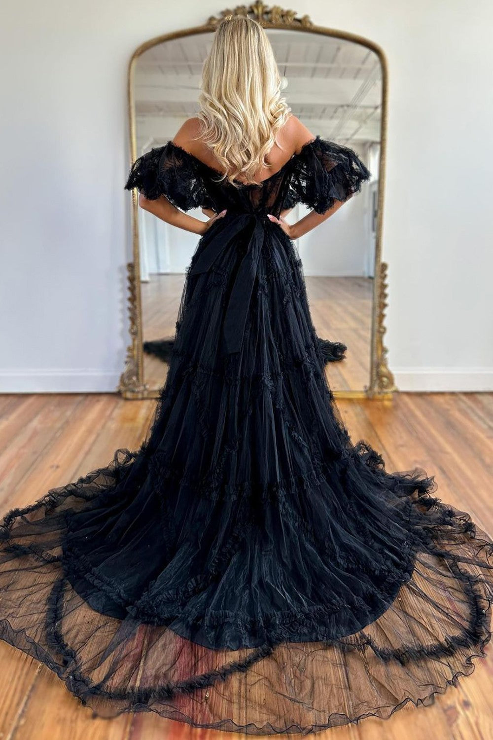 A-Line Off The Shoulder Long Tulle Prom Party Dress With Belt