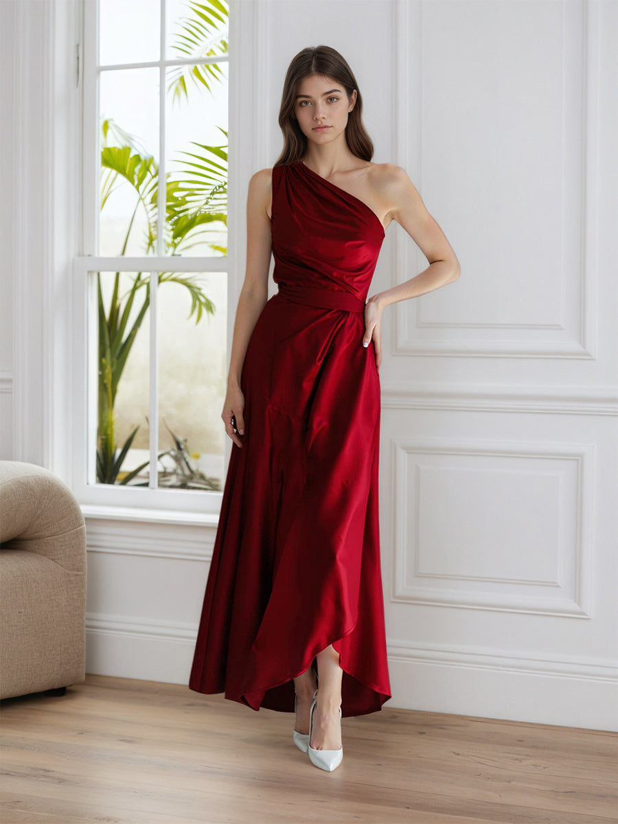 A-Line One Shoulder Satin Long Formal Dress