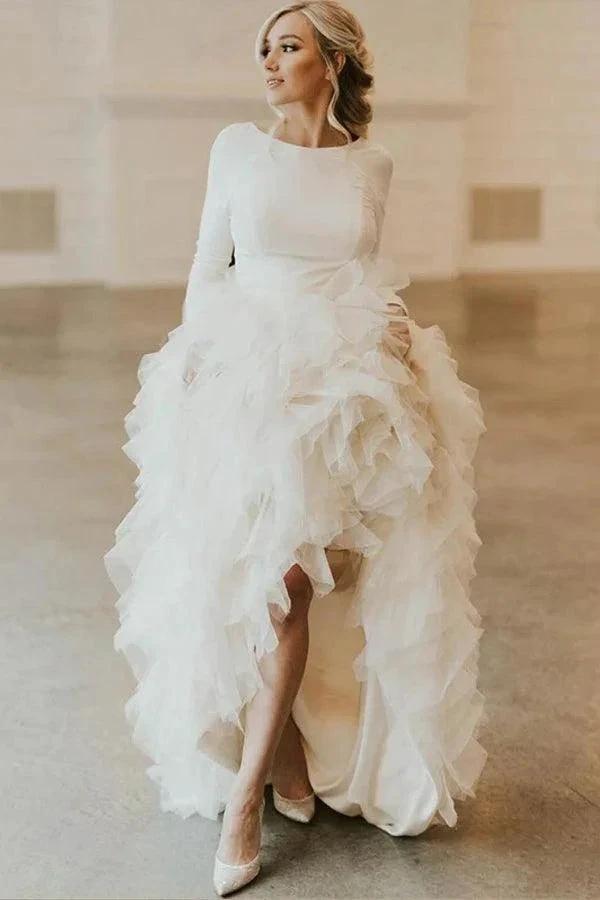 A-Line Round Neck Court Train Tulle Wedding Dress with Long Sleeves (ZD16327)