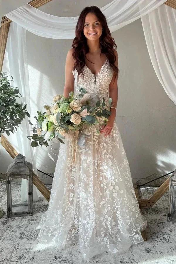 A-Line Spaghetti Straps Key Hole Back Elegant Wedding Dress (ZD16094)