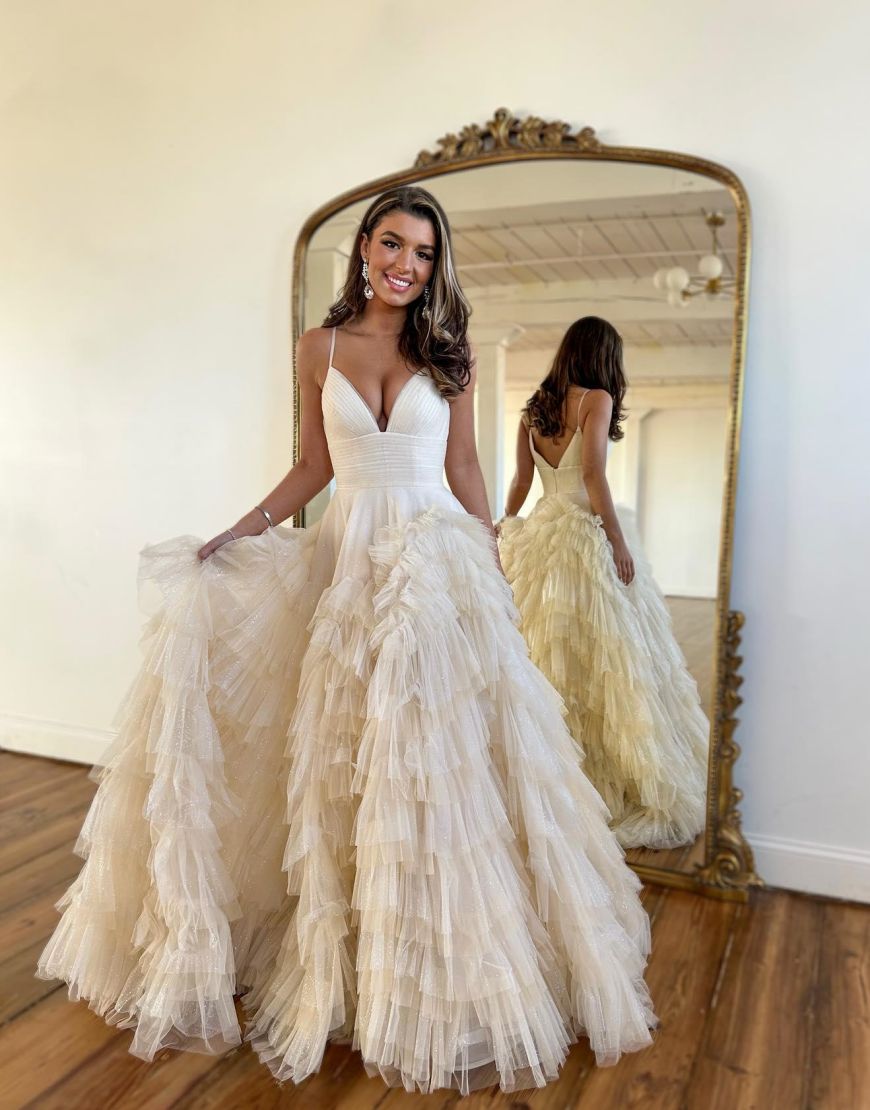 A-Line V-Neck Spaghetti Straps Long Tiered Tulle Prom Dress - View 3 | FashionDia