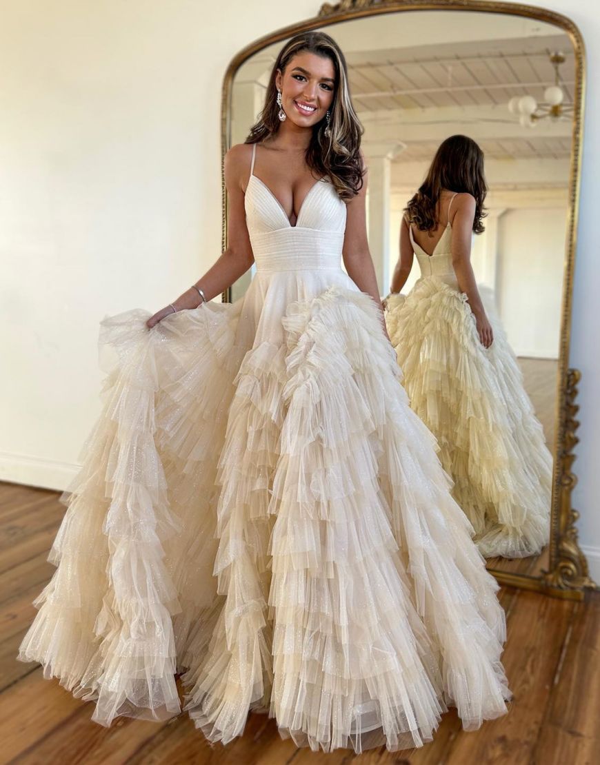 A-Line V-Neck Spaghetti Straps Long Tiered Tulle Prom Dress - FashionDia