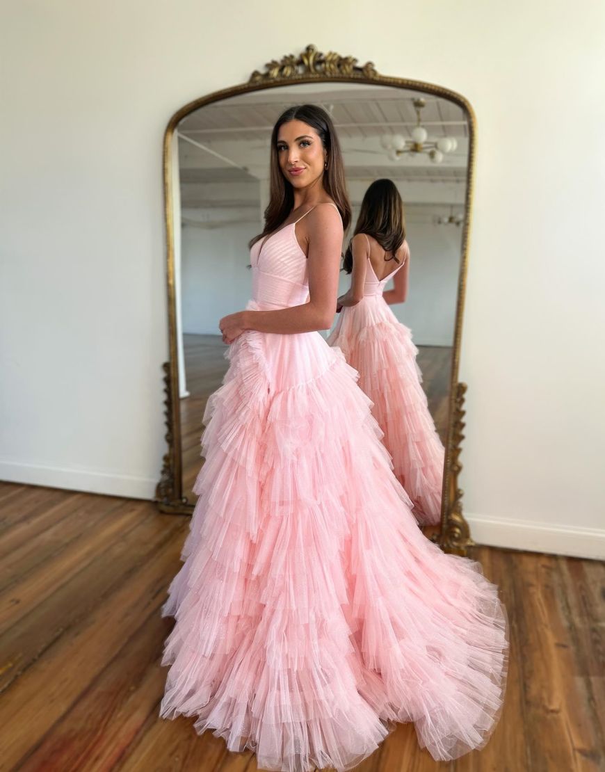 A-Line V-Neck Spaghetti Straps Long Tiered Tulle Prom Dress - View 6 | FashionDia