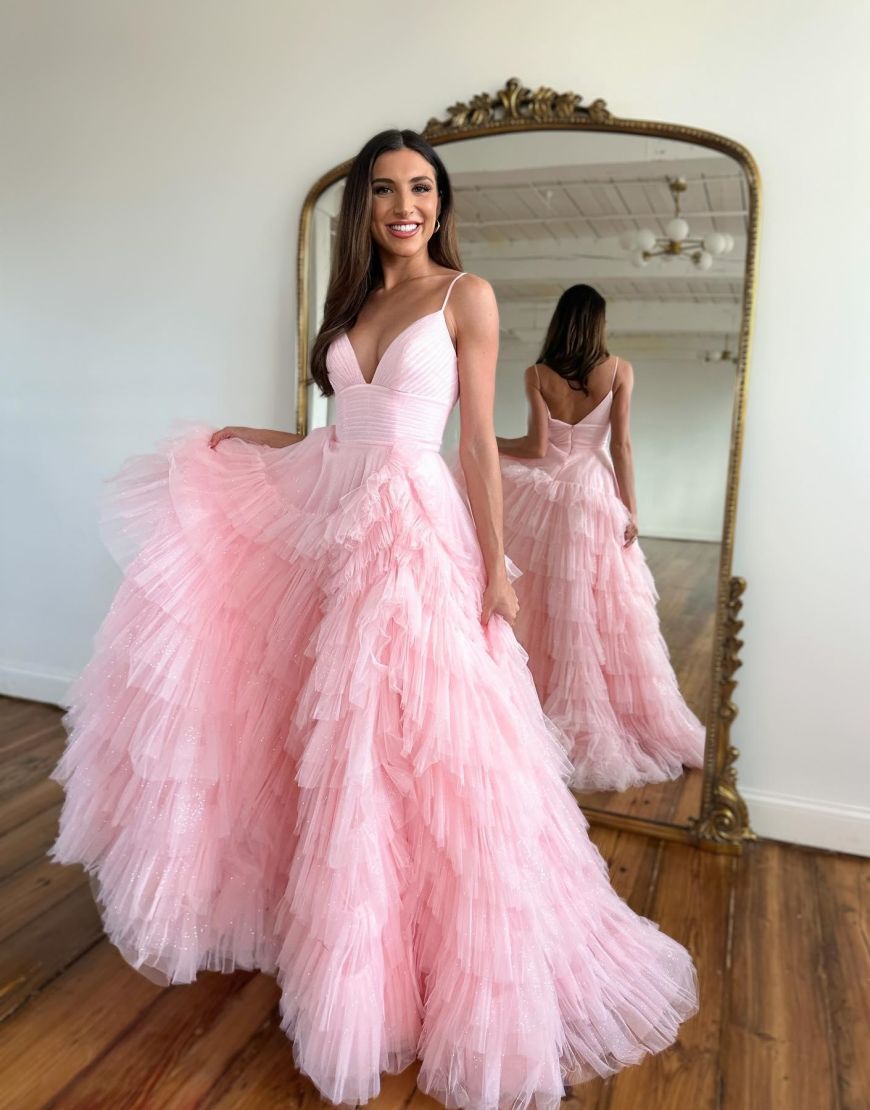 A-Line V-Neck Spaghetti Straps Long Tiered Tulle Prom Dress - View 7 | FashionDia