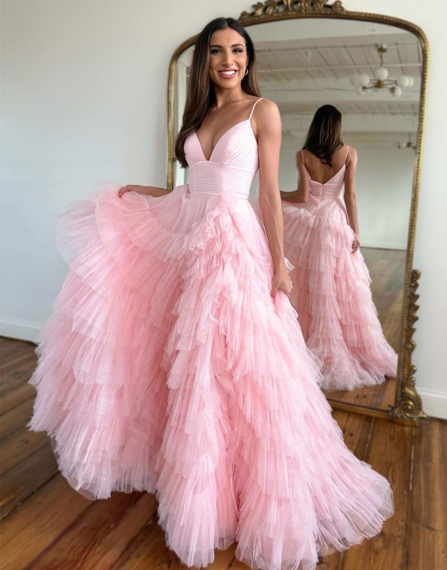 A-Line V-Neck Spaghetti Straps Long Tiered Tulle Prom Dress - View 4 | FashionDia