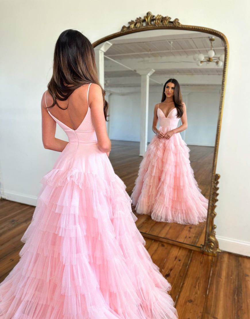 A-Line V-Neck Spaghetti Straps Long Tiered Tulle Prom Dress - View 5 | FashionDia