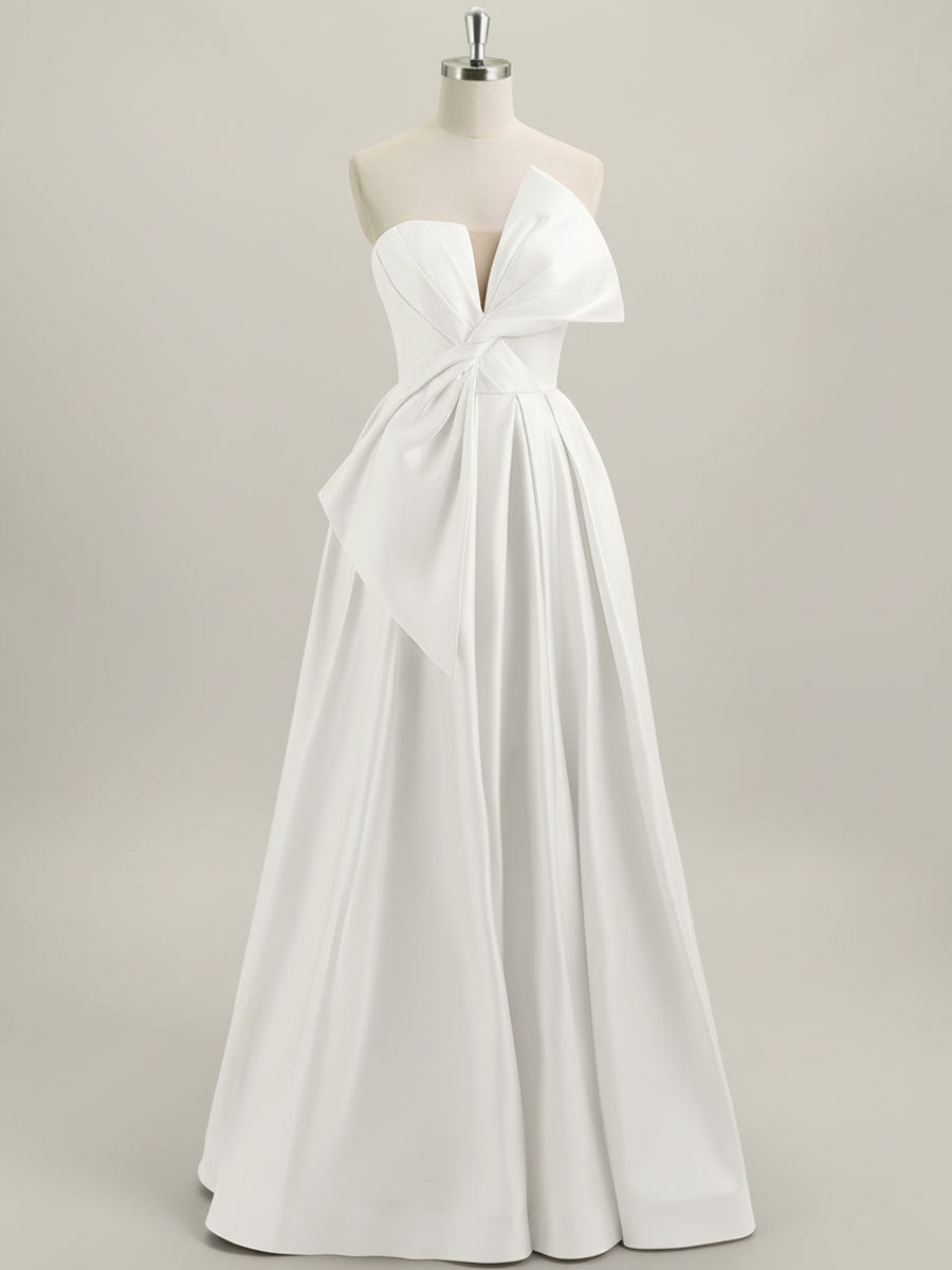 A-Line Strapless Floor-Length Satin Prom Dress with Bow - FashionDia