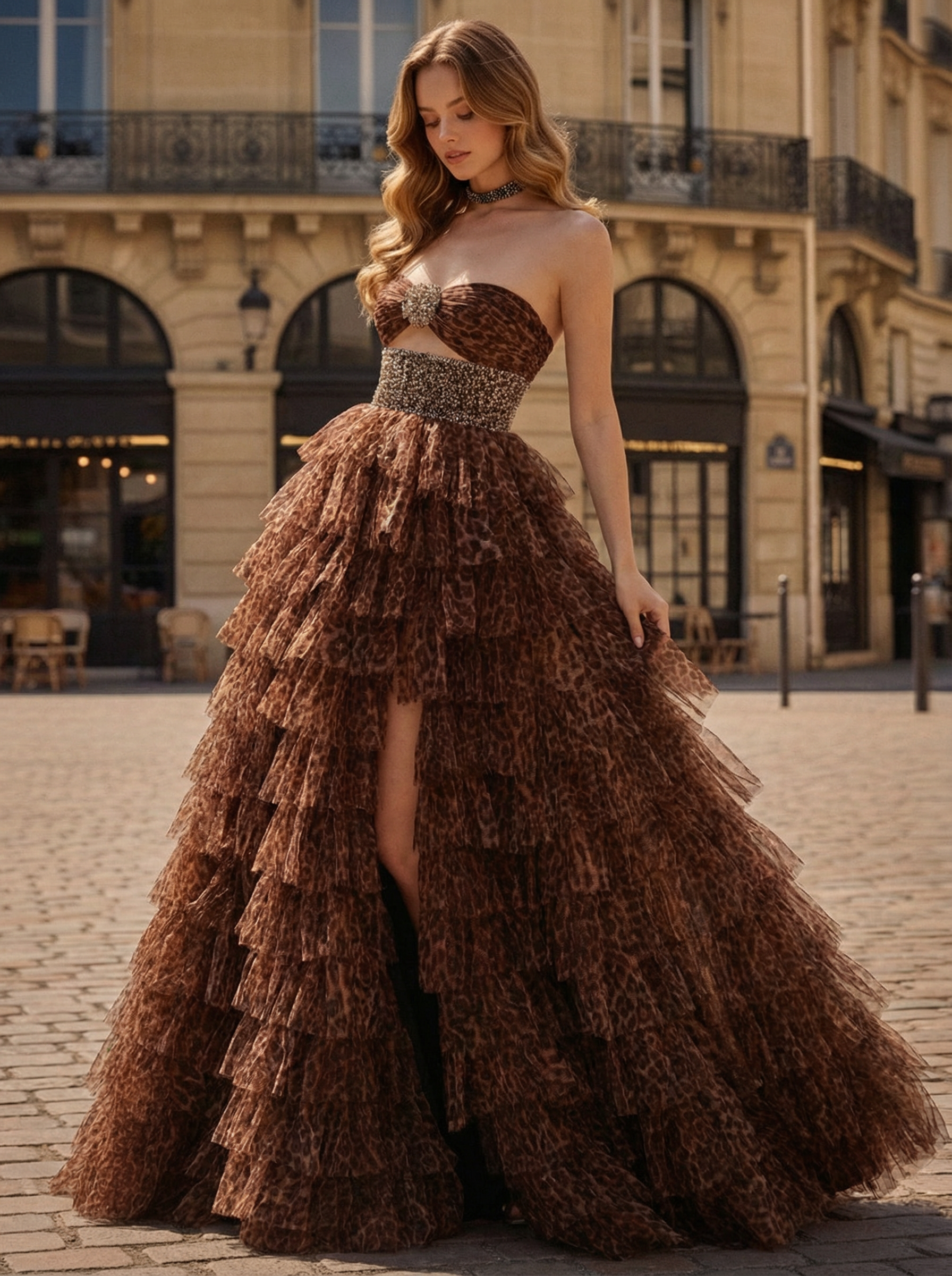 A-Line Sweetheart Leopard Print Ruffles Tulle Prom Dress