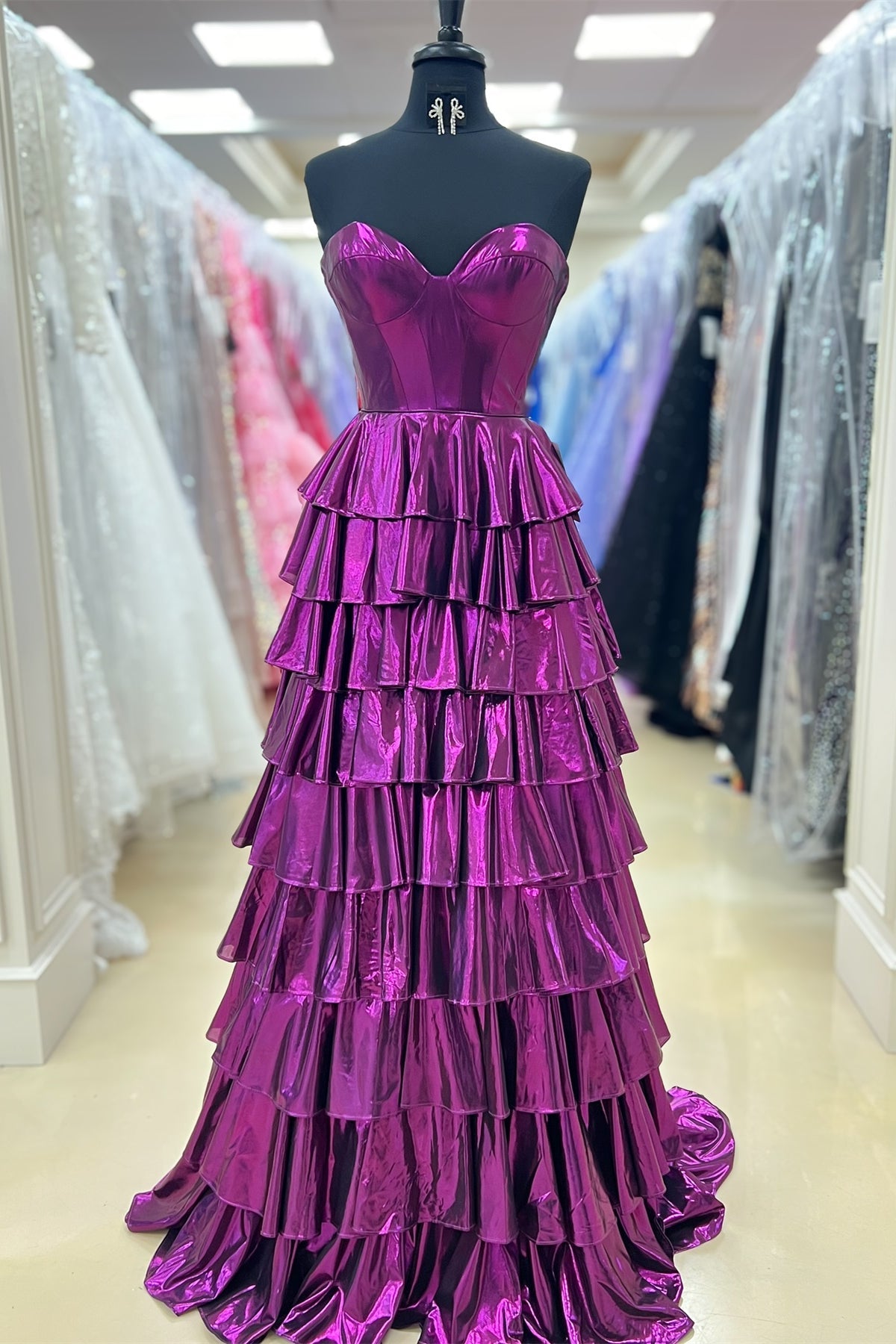 A-Line Sweetheart Sweep Train Tiered Metallic Prom Dress - FashionDia