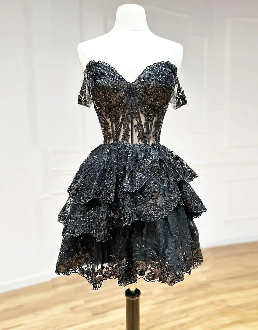 Charming Glitter A-Line Off The Shoulder Tiered Short Homecoming Dress