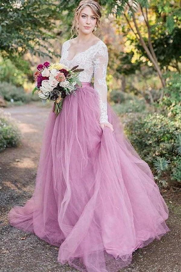A-Line V-Neck Long Sleeves Pink Tulle Wedding Dress with Lace Appliques (ZD16249) - VelvetHem