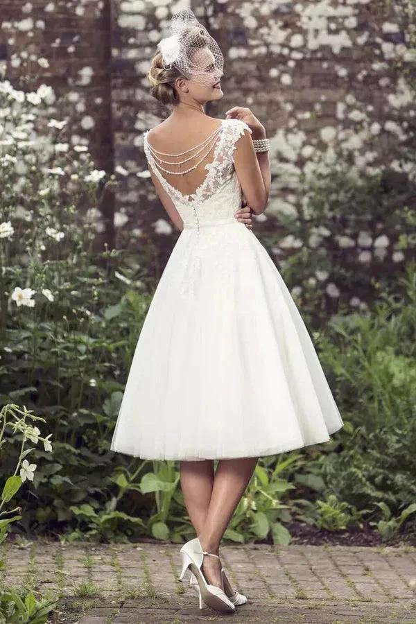 A-Line Wedding Dress Tea Length Lace Short Bridal Gown (ZD16078)