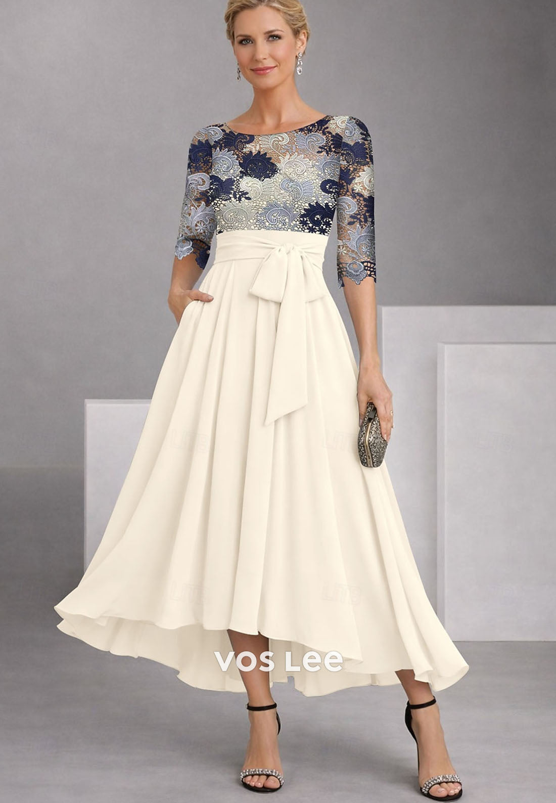 Half Sleeve Boat Neck A-Line Ankle Length Cocktail Dress with Embroidery Appliques