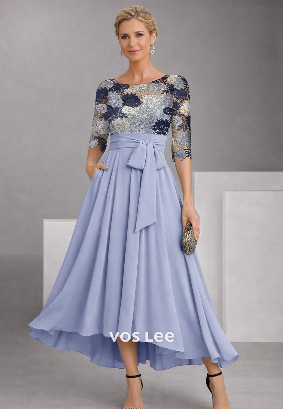 Half Sleeve Boat Neck A-Line Ankle Length Cocktail Dress with Embroidery Appliques