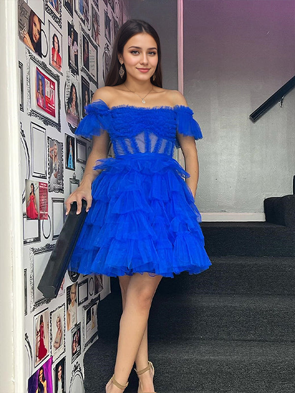 A-Line Off-the-Shoulder Lace Up Short Tulle Homecoming Dress - FashionDia