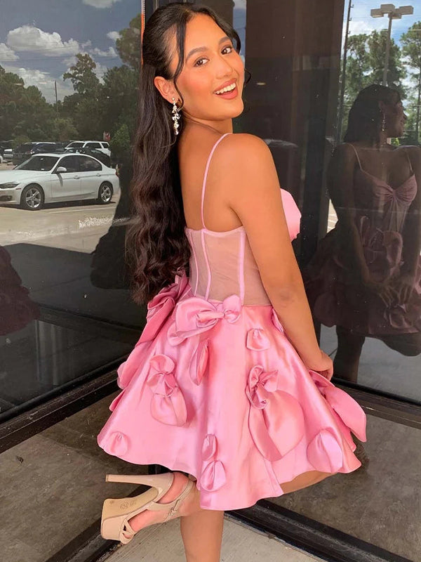 A-Line Spaghetti Straps Short Floral Satin Homecoming Dress