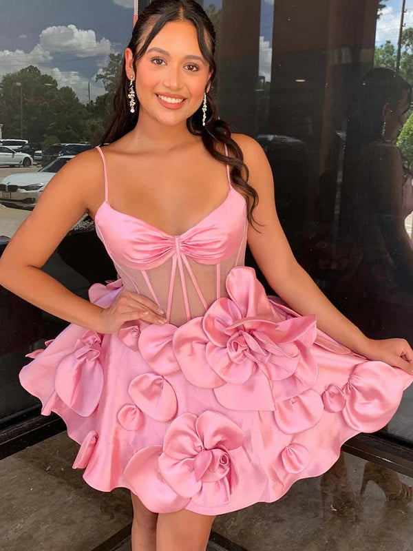 A-Line Spaghetti Straps Short Floral Satin Homecoming Dress