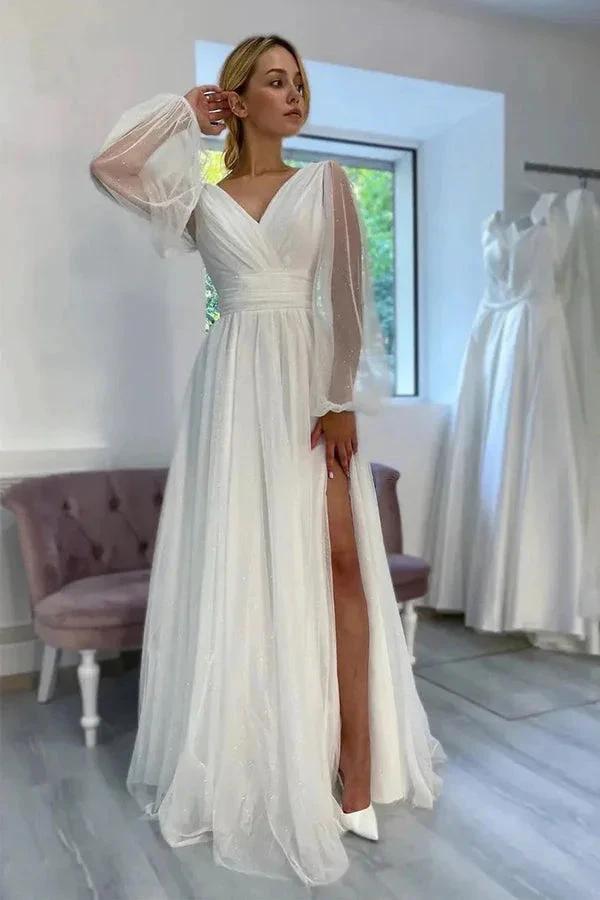 A-Line Sparkly V-Neck Long Sleeves Beach Wedding Dress WD750 by pgmdress