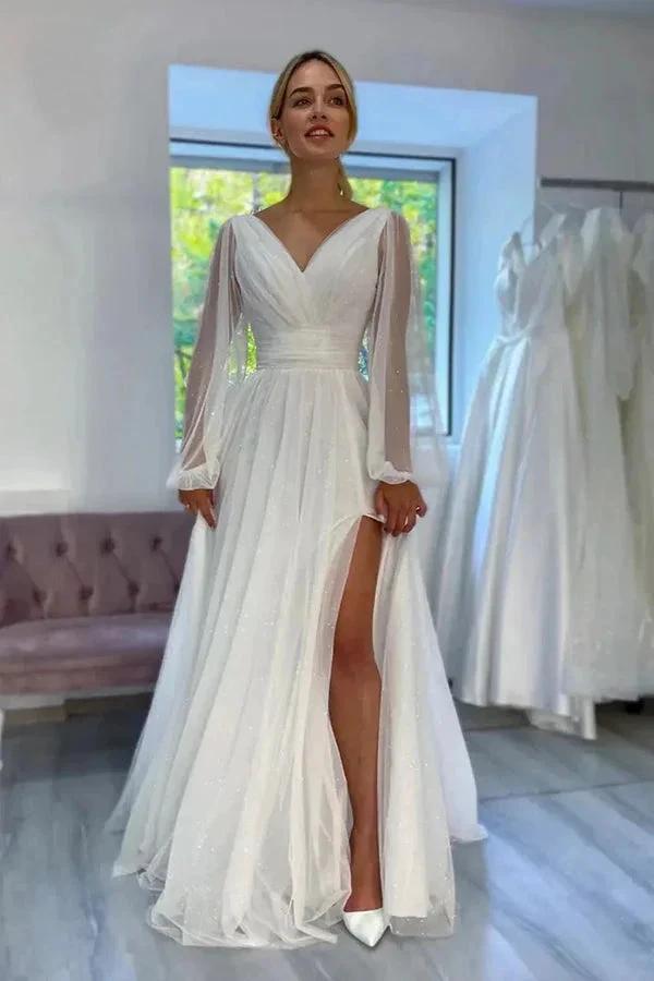 A-Line Sparkly V-Neck Long Sleeves Beach Wedding Dress (ZD16075)