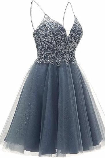 A-line Straps Appliques Tulle Short Homecoming Dress by Ombreprom