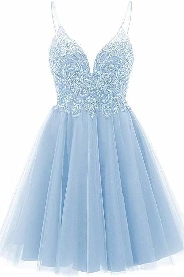A-line Straps Appliques Tulle Short Homecoming Dress by Ombreprom