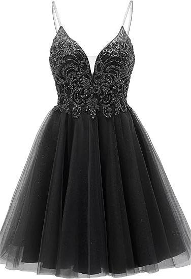 A-line Straps Appliques Tulle Short Homecoming Dress by Ombreprom