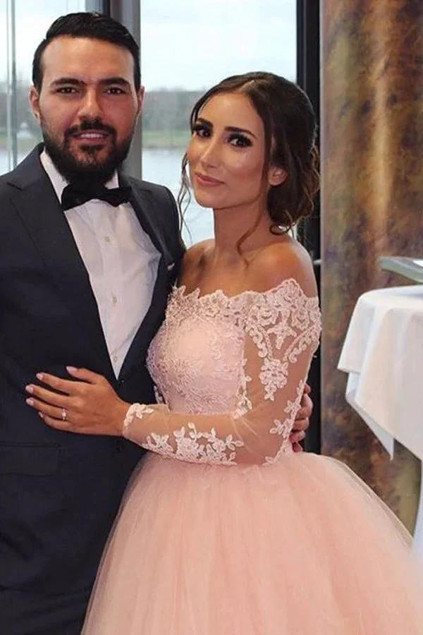A-line Blush Pink Off Shoulder Long Sleeves Wedding Dress (ZD16136)