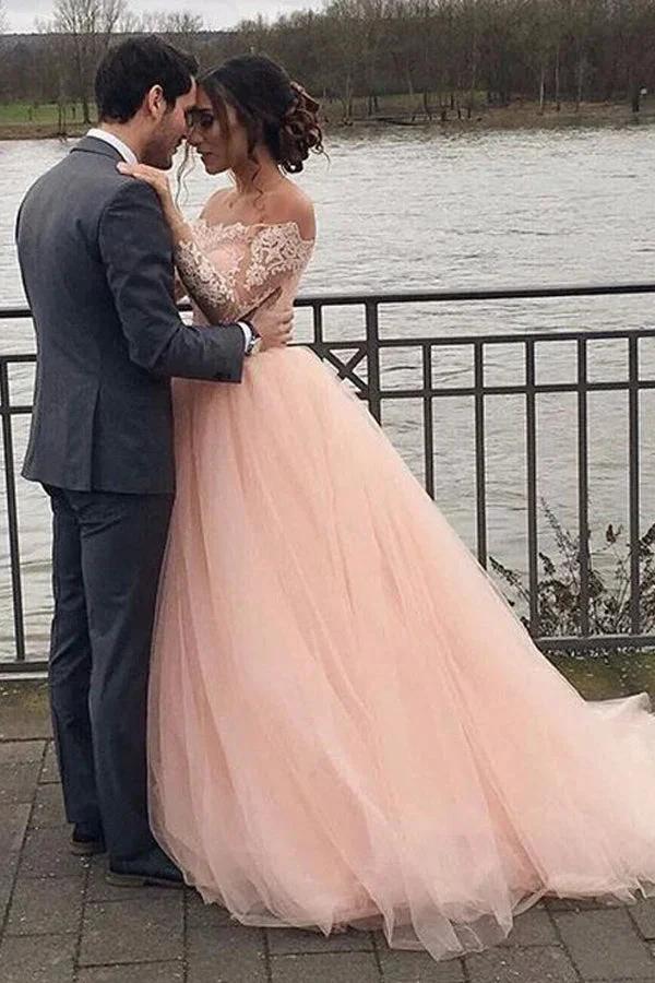A-line Blush Pink Off Shoulder Long Sleeves Wedding Dress (ZD16136)