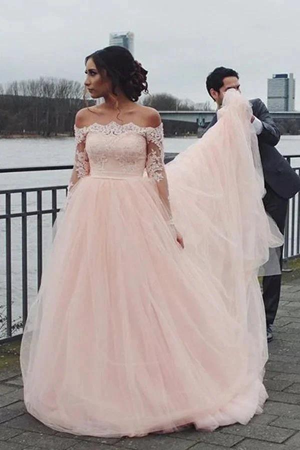 A-line Blush Pink Off Shoulder Long Sleeves Wedding Dress WD688 by pgmdress