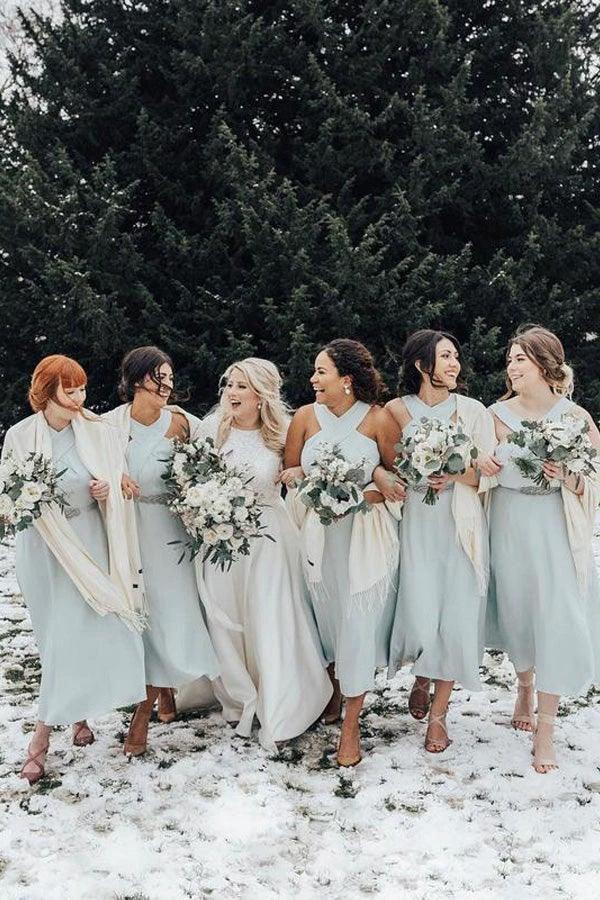 A-line Halter Pleated Chiffon Sleeveless Tea Length Bridesmaid Dresses (ZD13258)