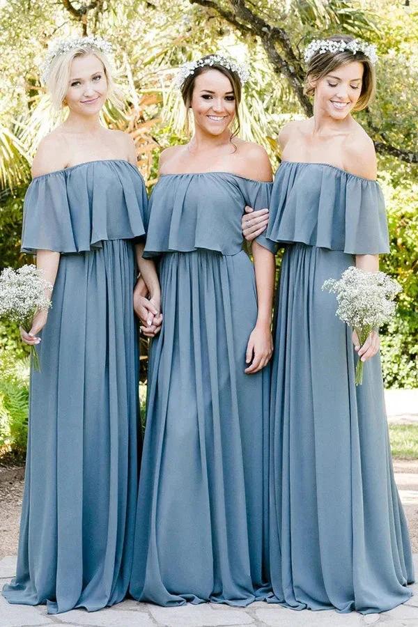 Off Shoulder Ruffles Pleated Gray Blue Bridesmaid Dress BD137 by pgmdress