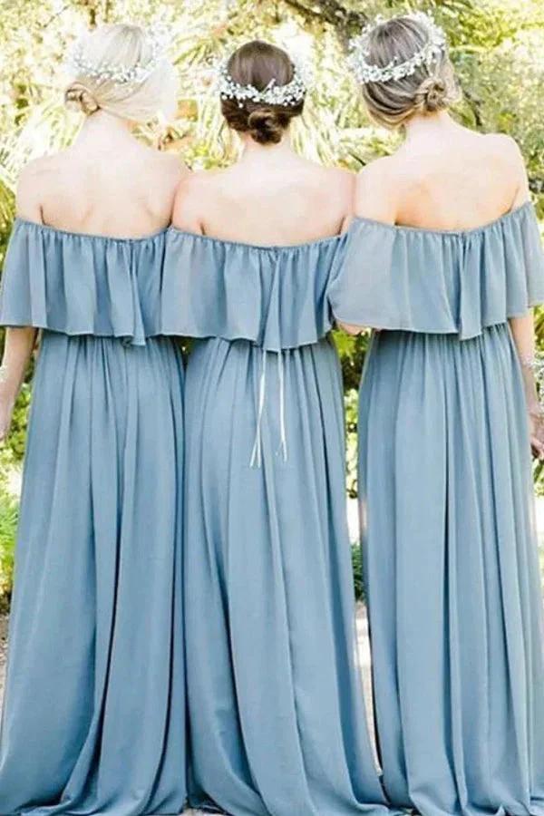Off Shoulder Ruffles Pleated Gray Blue Bridesmaid Dress (ZD12847)