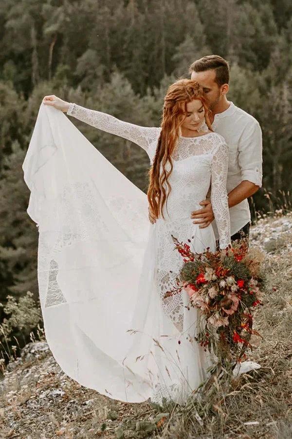 A-line Scoop Neck Backless Long Sleeves Beach Wedding Dresses (ZD16122)