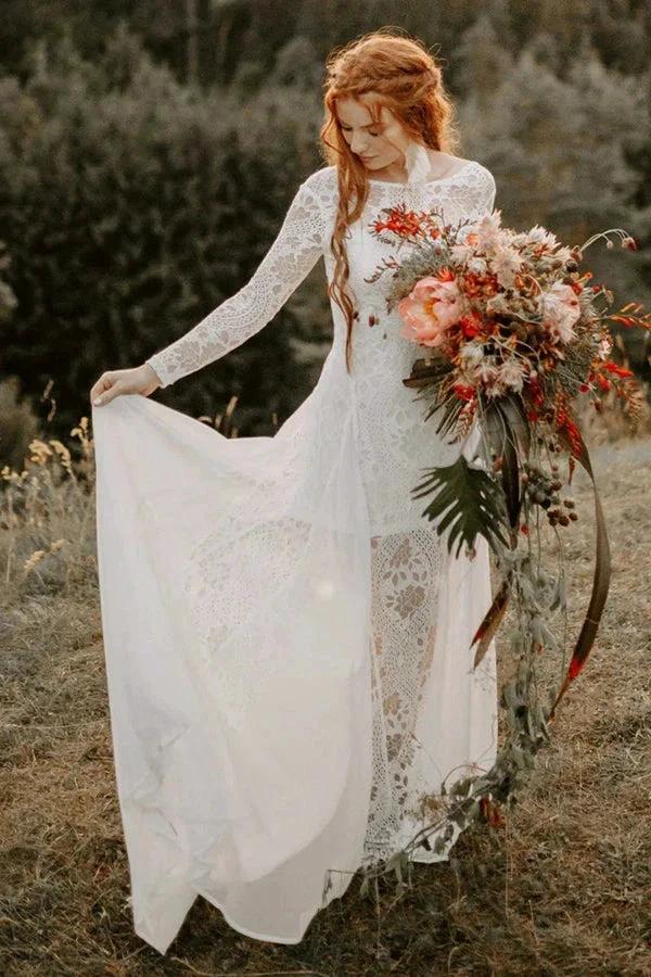 A-line Scoop Neck Backless Long Sleeves Beach Wedding Dresses WD703 by pgmdress