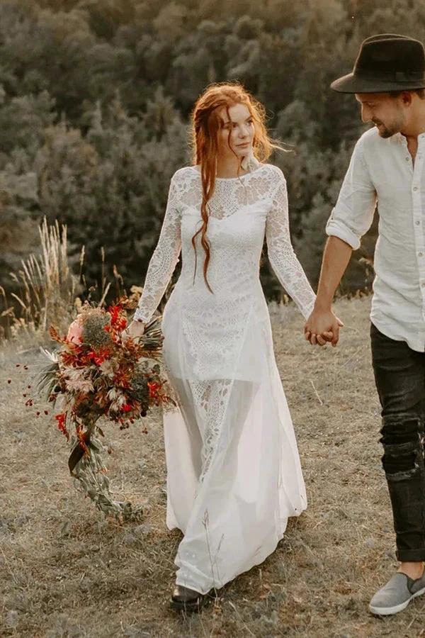 A-line Scoop Neck Backless Long Sleeves Beach Wedding Dresses (ZD16122)