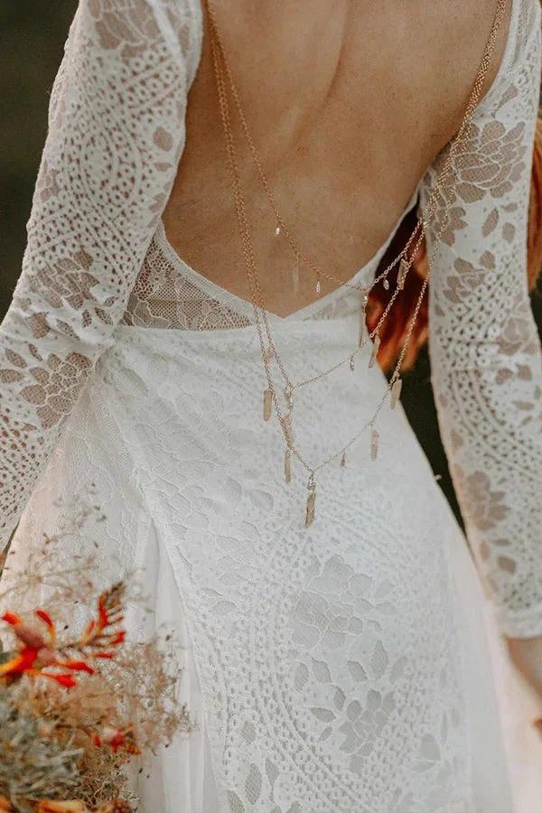 A-line Scoop Neck Backless Long Sleeves Beach Wedding Dresses (ZD16122)