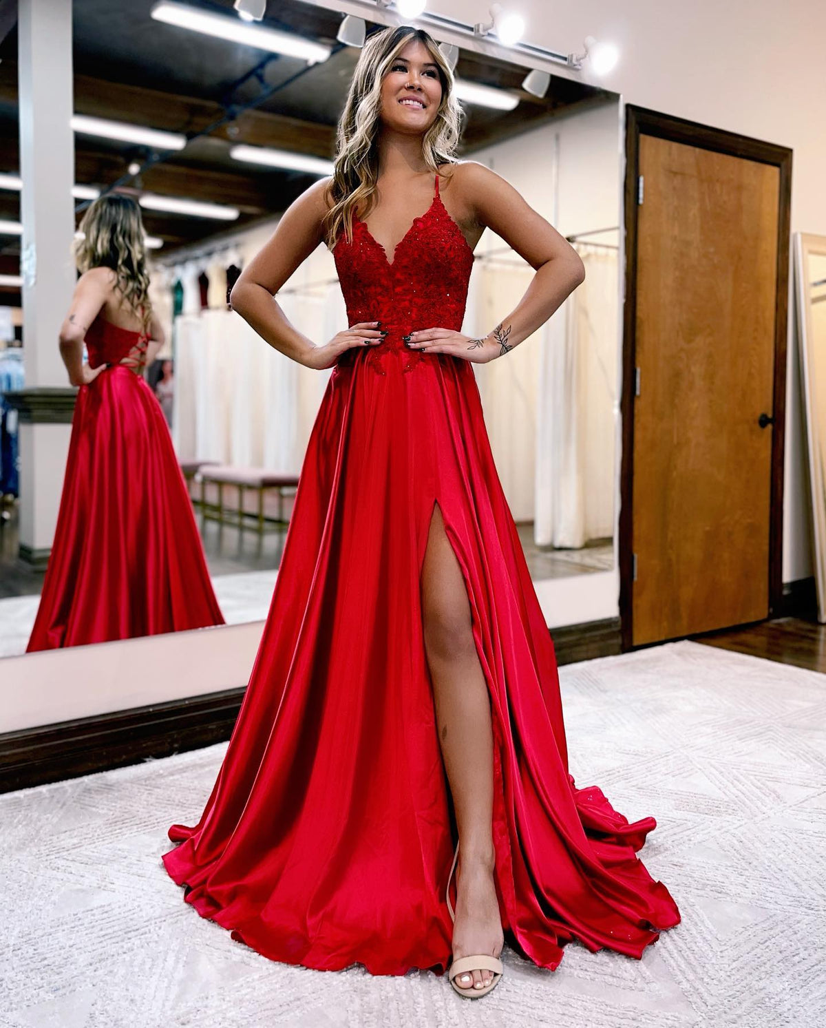 A-line Spaghetti Straps Corset Back Prom Dress With Split - VelvetHem